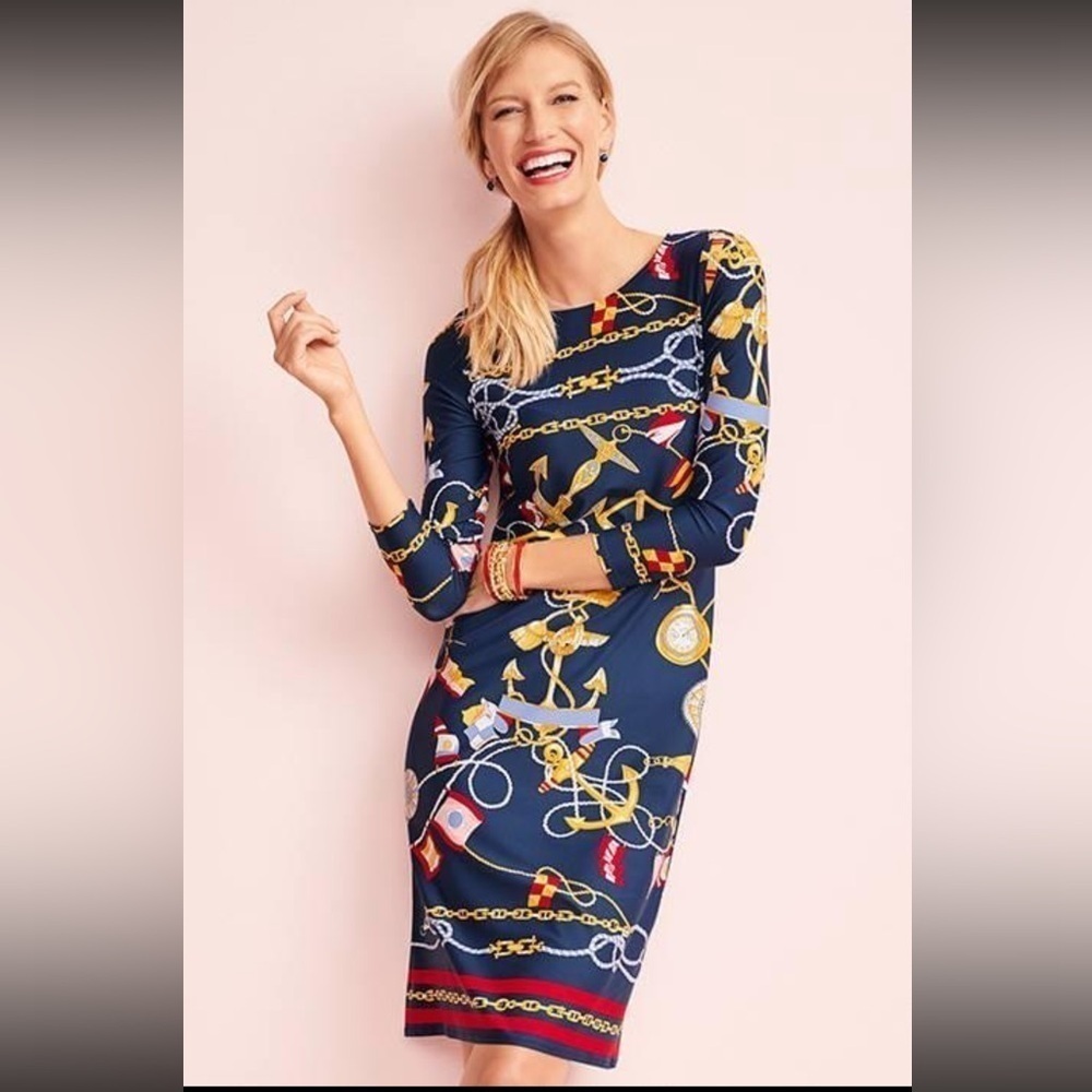Talbots NAUTICAL-PRINT JEWEL-NECK SHIFT DRESS navy blue/gold size petite medium